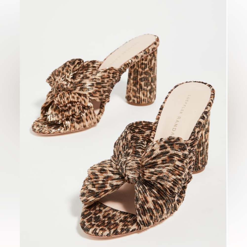 Loeffler Randall Gold Leopard Penny Knot mules, size 9